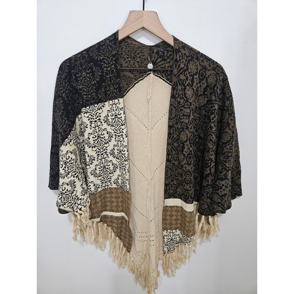 BKE Boutique Mixed Pattern Fringe Wrap Cardigan M/L Brown Cream Pointelle Knit
